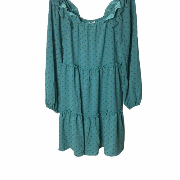 J.O.A. Women’s Size Medium Teal Ruffle Tiered Mini Dress Long Sleeve Style 15062 - Picture 5 of 16